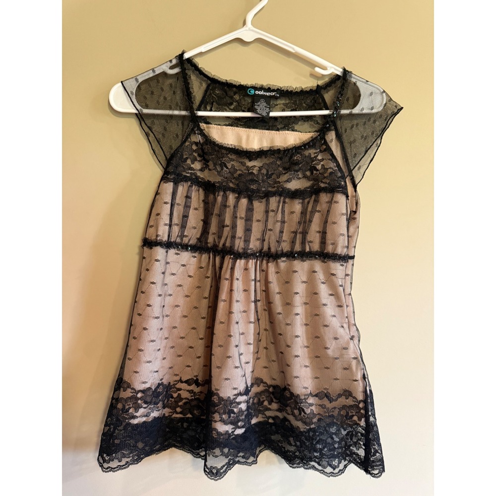 Coolwear USA Womens Black Lace Mesh Babydoll Top Tan Lining Sequins Large